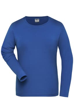 A blue long sleeve T-shirt made from BIO stretch fabric, featuring a logo.