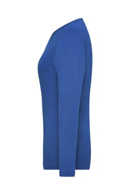 A blue long-sleeve t-shirt with a fitted design and a ribbed neckline, featuring a logo.