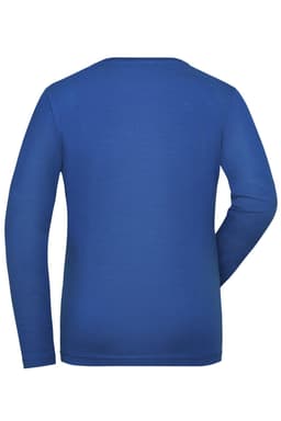 A blue long-sleeve women's t-shirt with a plain back and no visible logos or branding.