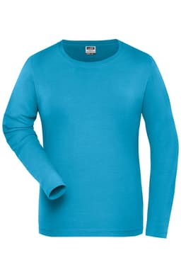 A turquoise long-sleeve T-shirt with a round neckline and a logo on the label.