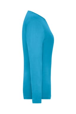 A turquoise long sleeve women's t-shirt featuring a fitted design and an attached logo.