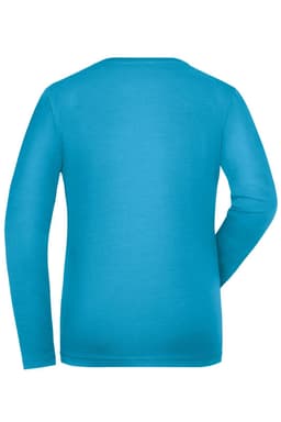 A long-sleeved t-shirt in bright blue with a plain back view. Features a logo on the label.