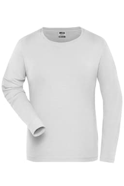 A white long-sleeve t-shirt with a round neckline and one sleeve visible. It features a logo on the label.