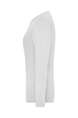A long-sleeve white T-shirt displayed from the side, featuring a fitted design and a logo.