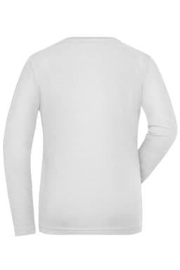 A white long-sleeved T-shirt with a plain back and a logo.