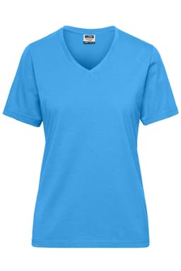 A blue ladies' workwear T-shirt with a V-neck and short sleeves, featuring a logo.