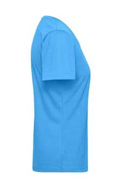 A blue ladies' workwear T-shirt displayed from the side, featuring short sleeves and a simple design.
