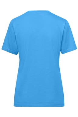 A blue ladies' workwear T-shirt featuring a standard crew neck and short sleeves, with a logo present on the back.