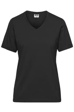 A black ladies' workwear T-shirt with a V-neck and short sleeves, featuring a logo on the label.