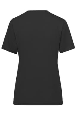 A black ladies' workwear T-shirt featuring short sleeves and a simple design, with a logo on the back.