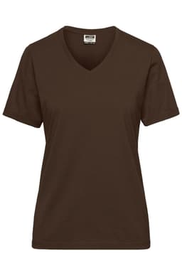 A brown ladies' V-neck work t-shirt with short sleeves and a branded label.