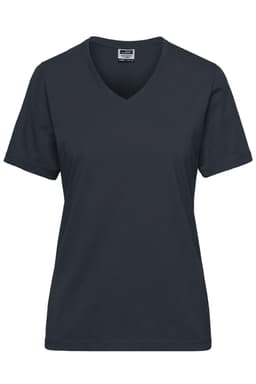 A ladies' dark navy v-neck workwear t-shirt with short sleeves and a simple design. Features a logo on the label.