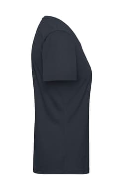A side view of a ladies' workwear t-shirt in navy blue, featuring short sleeves and a fitted design.