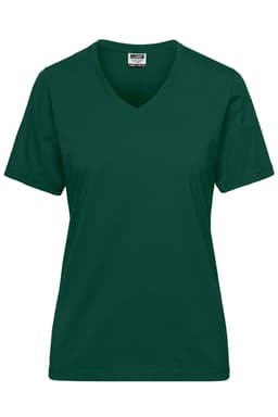 A women's V-neck work T-shirt in dark green with short sleeves and a logo on the label.