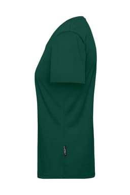 A green ladies' workwear T-shirt with short sleeves and a slim fit, featuring a small branding label.