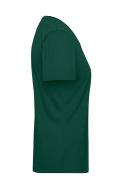 A green ladies workwear T-shirt displayed from the side, featuring short sleeves and a comfortable fit.