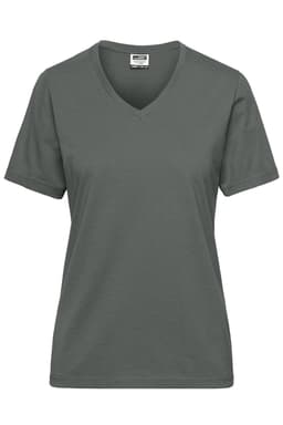 A grey V-neck work T-shirt for ladies featuring short sleeves and a simple design. Includes a logo.