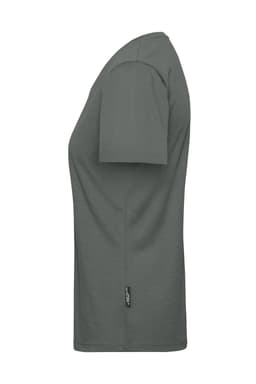 A grey work T-shirt for ladies, featuring short sleeves and a side logo tag.