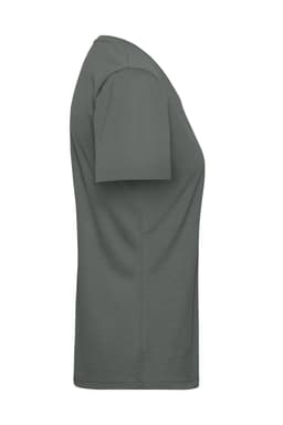 A grey ladies' workwear T-shirt with short sleeves, featuring a simple design and a logo.