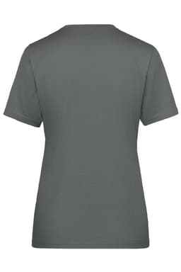A grey women's work T-shirt with short sleeves and a simple design, featuring a branding logo.