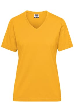 A yellow V-neck T-shirt designed for women, featuring short sleeves and a logo.