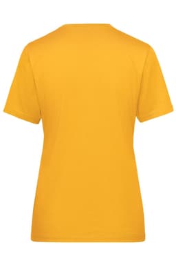 A yellow ladies' workwear T-shirt featuring a crew neck and short sleeves. It has a logo on the back.