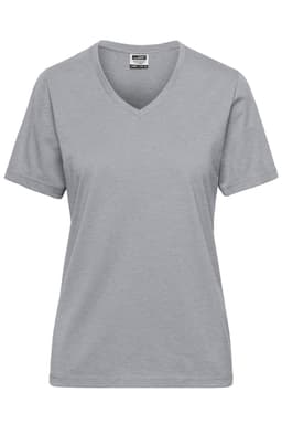 A grey ladies' V-neck work t-shirt with short sleeves and a small logo.