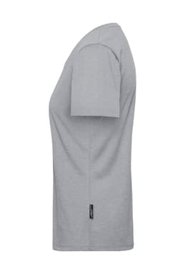 A grey ladies' T-shirt with short sleeves and a branded label at the hem, designed for workwear.
