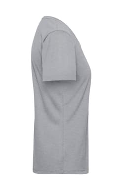 A grey work t-shirt with short sleeves, featuring a side view design and a logo on it.