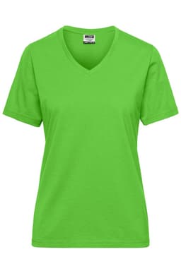 A bright green ladies' V-neck workwear t-shirt made from soft fabric, featuring a logo.