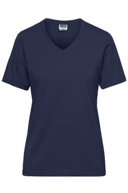 A navy blue ladies' V-neck workwear T-shirt featuring short sleeves and a logo.