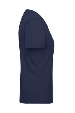 A navy blue Ladies BIO Workwear T-Shirt with short sleeves and a crew neckline, featuring a logo.