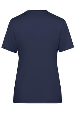 A navy blue ladies' T-shirt featuring a simple design and a logo on the back, suitable for workwear.