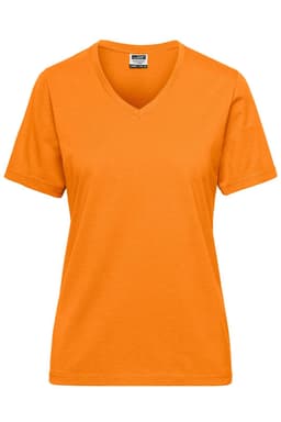An orange ladies' workwear t-shirt with a v-neck and short sleeves, featuring a branding logo.