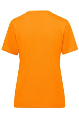 An orange ladies workwear t-shirt with short sleeves and a round neckline, featuring a branding logo on the back.
