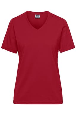 A red ladies v-neck t-shirt with short sleeves, featuring a logo on the label.