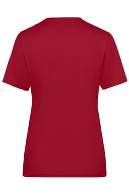 A red ladies' workwear T-shirt with short sleeves and a simple design, featuring a logo on the back.