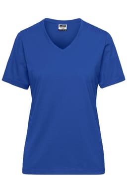 A blue v-neck t-shirt designed for women, featuring short sleeves and a simple, classic style with a logo.