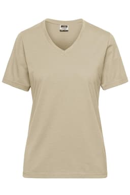 A beige ladies' V-neck T-shirt with short sleeves and a tag visible inside the neckline. It features a logo.