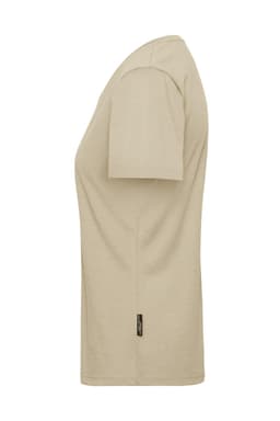 A beige ladies' T-shirt with short sleeves and a side label, designed for workwear use.