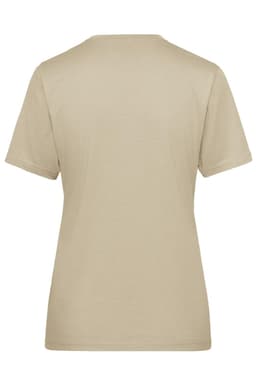 A beige ladies' workwear t-shirt with short sleeves and a crew neck, featuring a logo on the back.