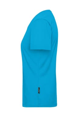 A turquoise ladies' workwear T-shirt featuring short sleeves and a side logo.