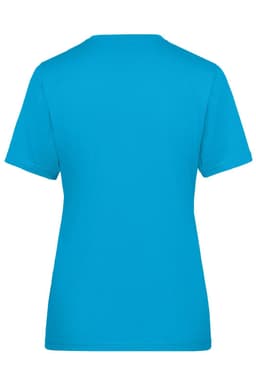 A bright blue ladies' workwear T-shirt with a round neck and short sleeves, featuring a logo on the back.