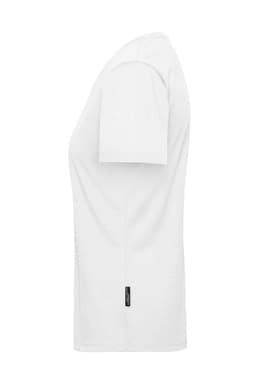 A white ladies’ workwear T-shirt featuring short sleeves and a branded label at the hem.