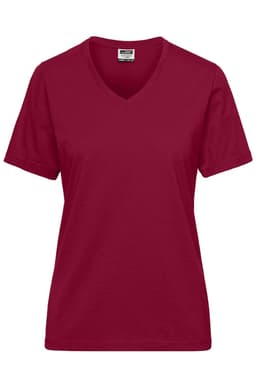 A maroon V-neck T-shirt for ladies, featuring short sleeves and a logo on the label.