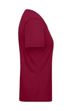 A maroon ladies workwear T-shirt with short sleeves and a fitted design, featuring a logo.