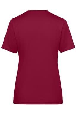A burgundy ladies' work T-shirt featuring a plain back and a simple design, with a logo present.