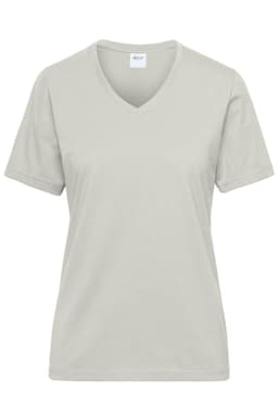 A light grey ladies' V-neck work T-shirt featuring short sleeves and a logo.