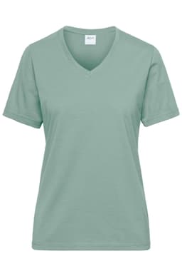 A mint green ladies' V-neck workwear T-shirt featuring short sleeves and a subtle logo on the label.