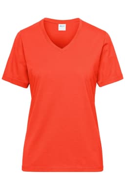 A vibrant orange Workwear T-shirt featuring a V-neck and short sleeves, with a logo on the label.